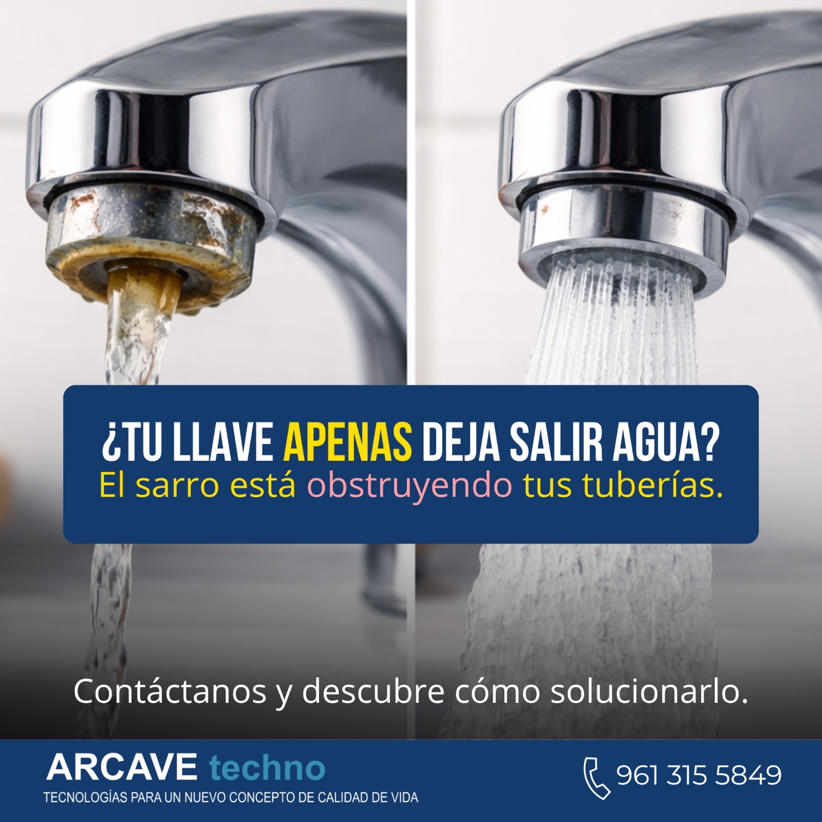 Llave antes y después de instalar DESINCAL — sin sarro, sin incrustaciones