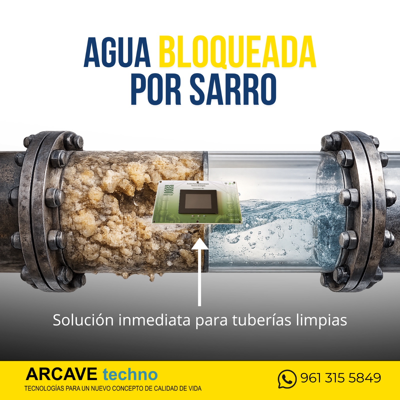 Tubería obstruida por sarro — el calcio acumulado bloquea el paso del agua