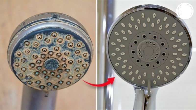 Regadera con sarro antes y después de tratamiento antiincrustante — efectos del agua dura