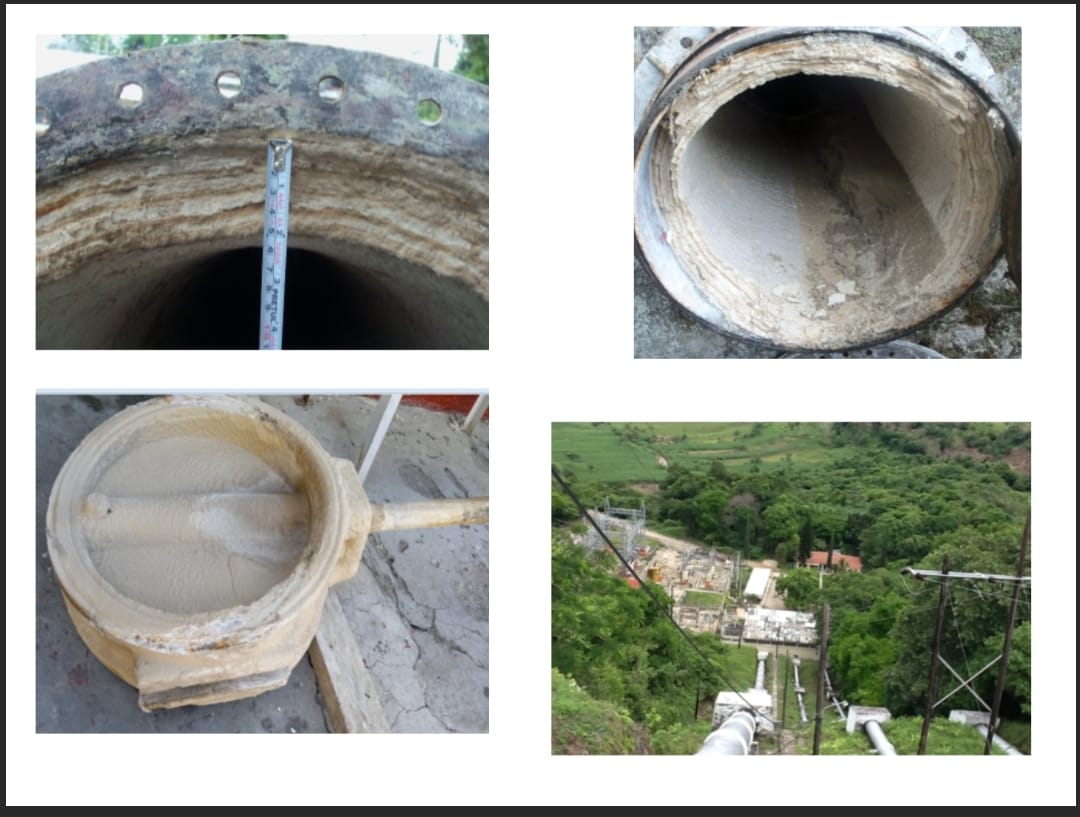 Incrustaciones calcáreas en tubería de 30 pulgadas, rodete y válvulas de central hidroeléctrica