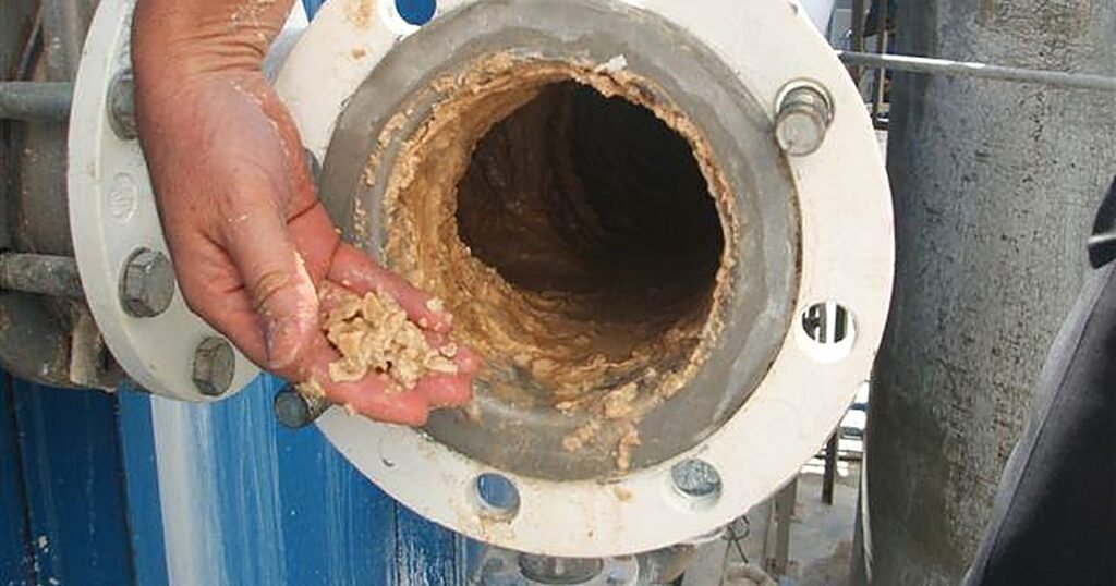 Sarro desprendido del interior de una tubería industrial durante la fase de desincrustación